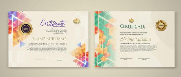 two set certificate template with dynamic and futuristic polygonal color and modern background