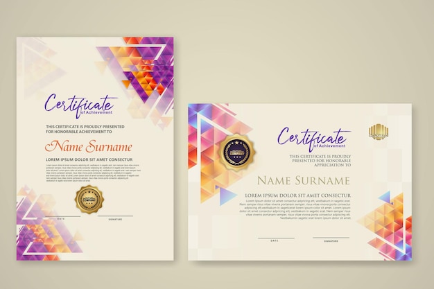 two set certificate template with dynamic and futuristic polygonal color and modern background