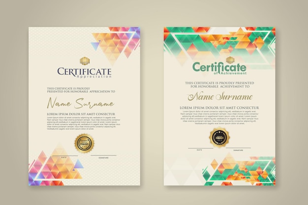 two set certificate template with dynamic and futuristic polygonal color and modern background