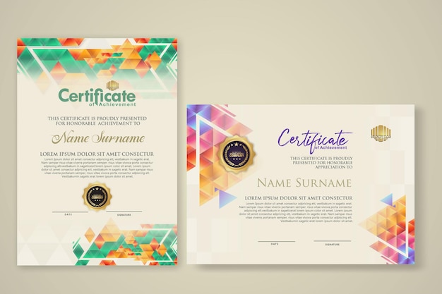 two set certificate template with dynamic and futuristic polygonal color and modern background