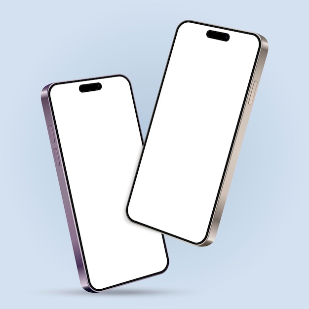 two smartphones mockup with blank screens while levitating in the air on a blue background