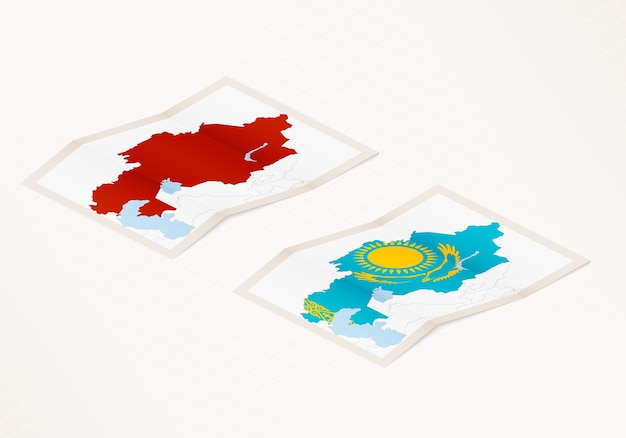 Two versions of a folded map of Kazakhstan with the flag of the country of Kazakhstanhighlighted