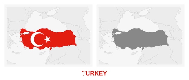 two versions of the map of turkey with the flag of turkey and highlighted in dark grey