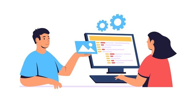 Two web developers are creating a mobile web page one is adding an image while the other is writing code on the computer with gears symbolizing settings