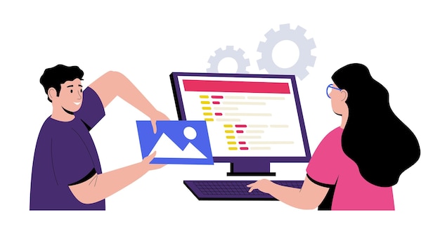Two web developers collaborating on digital project insert an image into website code displayed on computer screen Teamwork technology and development topics Vector illustration