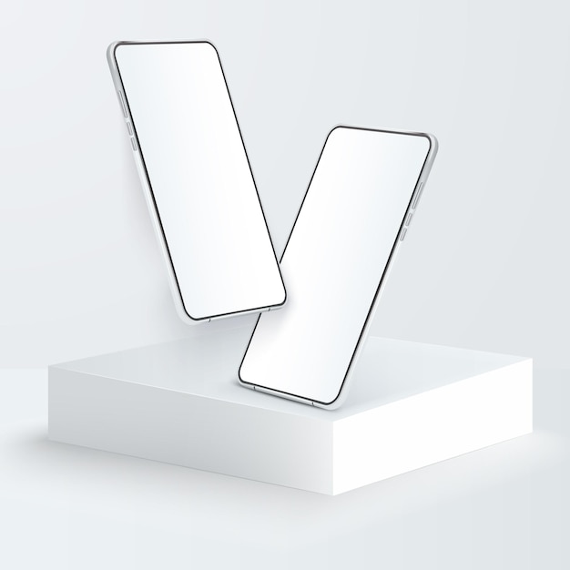 two white realistic smartphone   on square podium. 3d mobile phones with blank white screen