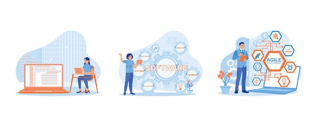 Two young entrepreneurs brainstorm new ideas for their work Trend Modern vector flat illustration
