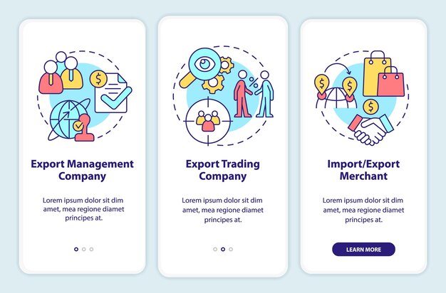 Types of import and export business onboarding mobile app screen