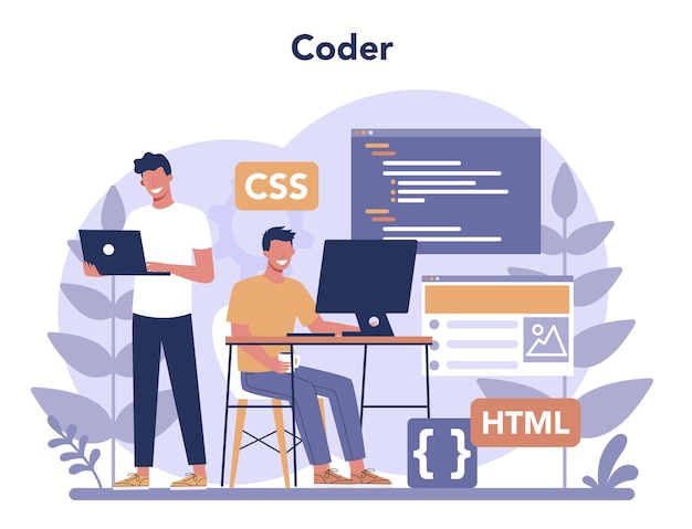 Typesetter koncept. Websteds konstruktion. Proces med at oprette websted, kodning, programmering, konstruere interface og oprette indhold.