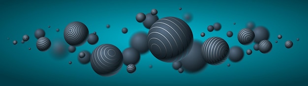 Uçan toplardan oluşan soyut küreler vektör arka plan kompozisyonu, çizgilerle süslenmiş 3D karışık gerçekçi küreler gerçekçi alan derinliği efekti