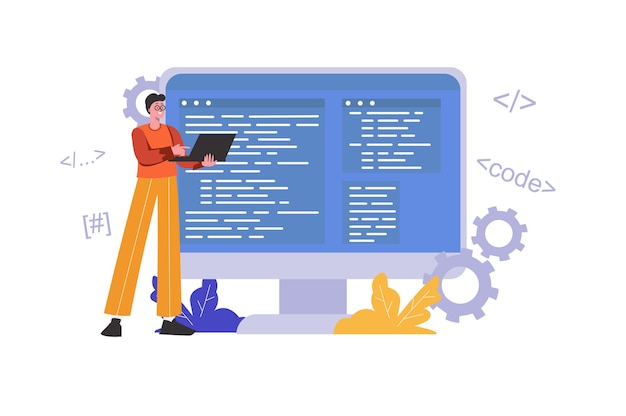 Udvikler programmering og skrivning af kode ved hjælp af bærbar computer. Programmør arbejder, optimerer og tester program, folk scene isoleret. Softwareudviklingskoncept. Vektor illustration i fladt minimalt design