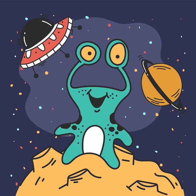 Ufo alien space spaceship sticker concept graphic design illustration