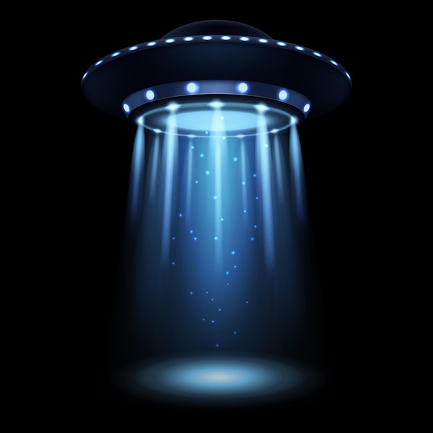 ufo realistic alien spaceship with light beam futuristic scifi unidentified spacecraft 3d flying saucer and abduction spotlight ray space transport illumination vector illustration