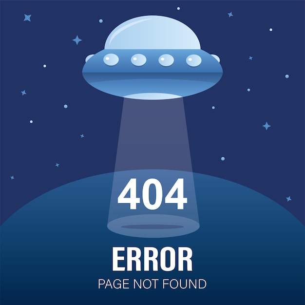 ufo spaceship with lights message 404 error page not found aliens rocket in trendy blue colors