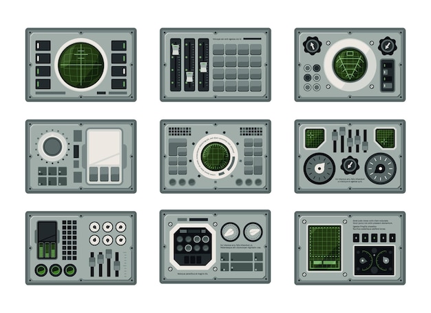 ui controlling board digital dashboard for spaceship controlling displays round volume buttons garish vector interface templates set