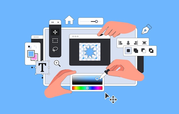 Ui Design Layout vector illustration with Hands Tool for professional Digital Art in Raster Graphi