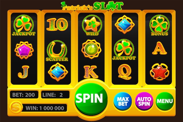 ui game slot machine with buttons and symbols on the theme of st patricks day set of 12 slot symbols