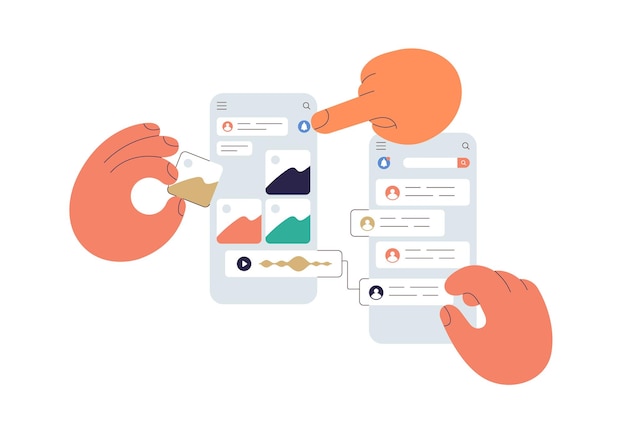 UI UX design of mobile app concept. Abstract phone application interface creation process. Making convenient layout of graphic widgets, content. Flat vector illustration isolated on white background.