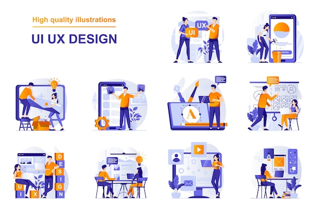 Ui ux design web concept with people scenes set in flat style bundle of designers doing research and