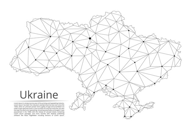 Ukraine communication network map Vector low poly image of a global map with lights in the form of cities