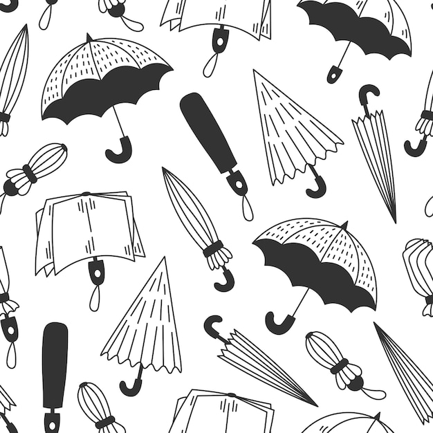 Umbrella Doodle Seamless Pattern falling outline icons and symbols