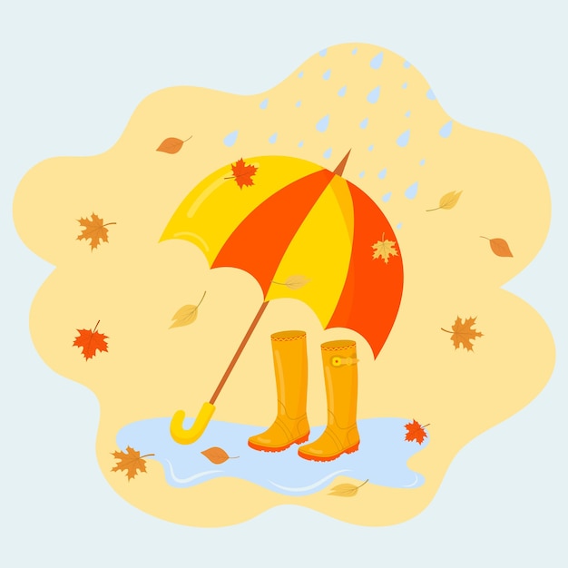 Umbrella, rubber boots and falling autumn leaves. Autumn vector illustration.