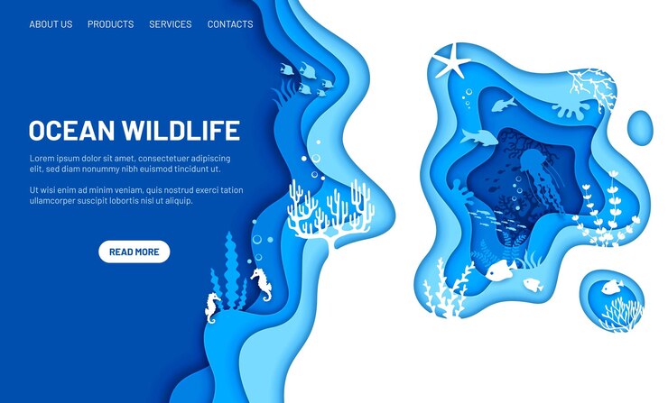 Vektör underwater landing page with paper cut sea landscape animals and seaweeds vector website template ocean wildlife and undersea world landing page in papercut layers of jellyfish seahorse and fishes