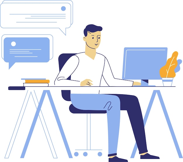 Ung affärsman sitter vid skrivbordet på kontoret. Chatt i Messenger