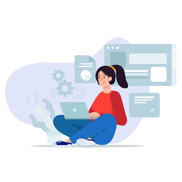 Ung kvinde, der sidder og slapper af på gulvet og arbejder med en bærbar computer Illustration