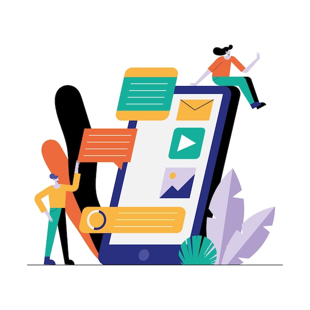 Unge piger bruger smartphone teknologi figurer illustration