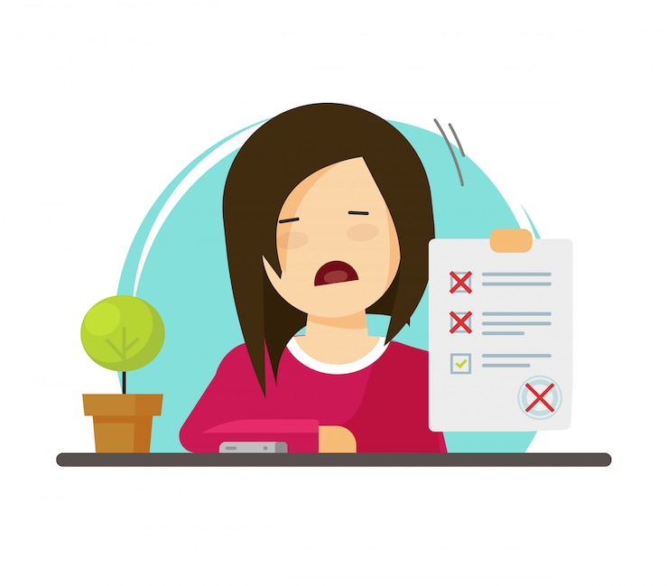 Vektor unhappy character pupil with exam paper form with failed assessment
