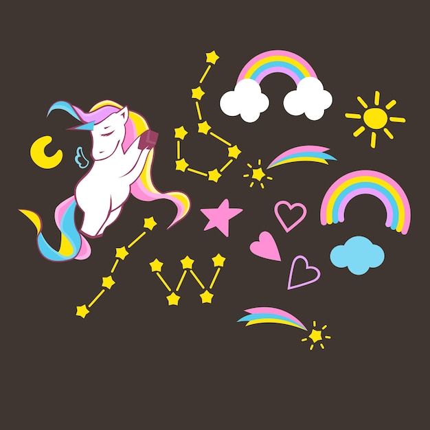 Unicorns collection. Illustration of cute cartoon multi colored Unicorn with rainbow mane. Vector illustration