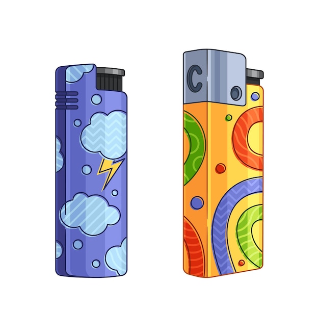 Unique Lighters With Fashionable Designs Showcasing Vibrant Colors And Abstract Patterns Vector