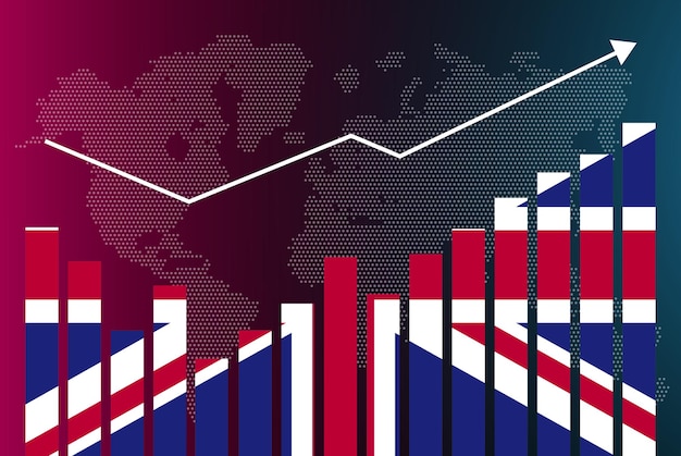 united kingdom bar chart graph with ups and downs, increasing values, united kingdom country flag on