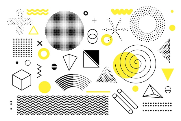 Universal trend halftone geometric shapes set juxtaposed with bright bold yellow elements composition Design elements for Magazine leaflet billboard sale