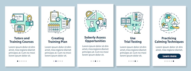 University entrance onboarding mobile app page screen with linear concepts. Tutors and courses. Five walkthrough steps graphic instructions. UX, UI, GUI vector template with illustrations