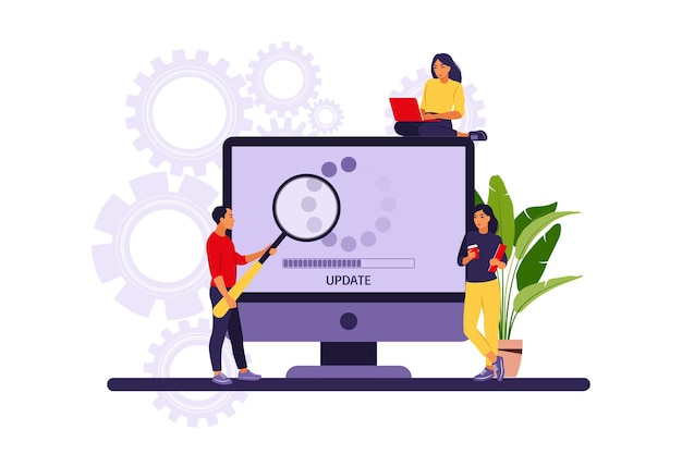 Update concept. Programmers upgrading operation system of computer.