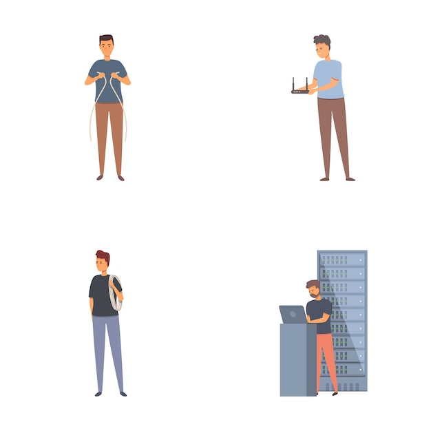 upkeeping server icons set cartoon vector sysadmin adjusting network connection