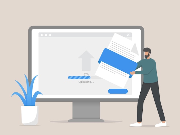upload file concept illustration, man interacting with the data storage, uploads files to the cloud.