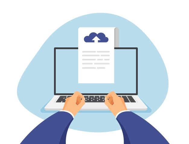 Uploading documents to cloud storage via laptop Download process File transfer Data exchange backup