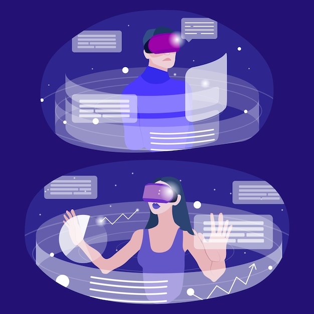 Uppsättning illustrationer med människor i VR-headset som utforskar digitalt gränssnitt och arbetar med data