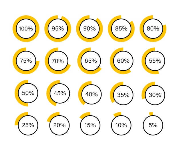 Uppsättning tårtdiagram för infographic. Vektor platt mall. Cirkeldiagram från 100 till 5 procent