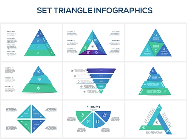 Uppsättning triangel med 3 4 5 6 element infographic mall för webbverksamhetspresentationer vektorillustration Affärsdatavisualisering