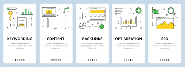 uppsättning vertikala banners med nyckelord, innehåll, bakåtlänkar, optimering, SEO webbplatsmallar.