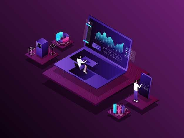 Ürün analitiği İzometrik İllüstrasyon Koyu Gradyan Mobil Uygulama Web Sitesi Banner Diyagramları Sunumu ve Diğer Grafik Varlıkları için Uygundur