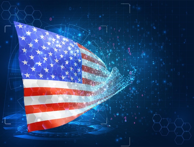 USA America vector flag virtual abstract 3D object from triangular polygons on a blue background