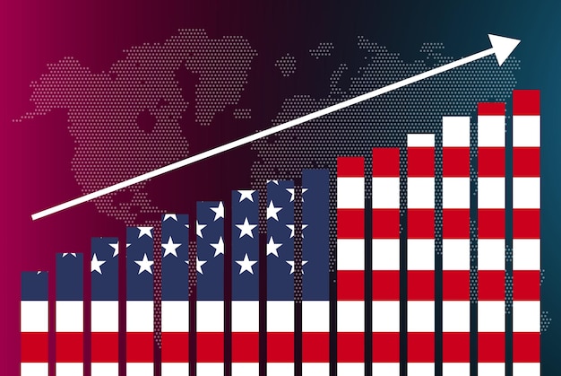 USA bar chart graph, increasing values, country statistics concept, America flag on bar graph