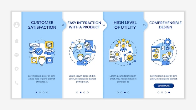 Usability assessment onboarding vector template. Responsive mobile website with icons. Web page walkthrough 4 step screens. Easy interaction with product color concept with linear illustrations