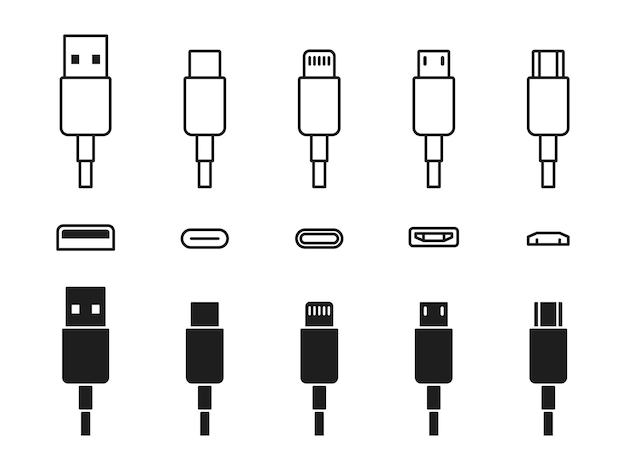 usb cable port set usb type c a lightning and microusb mobile phone charger plug adapter symbol