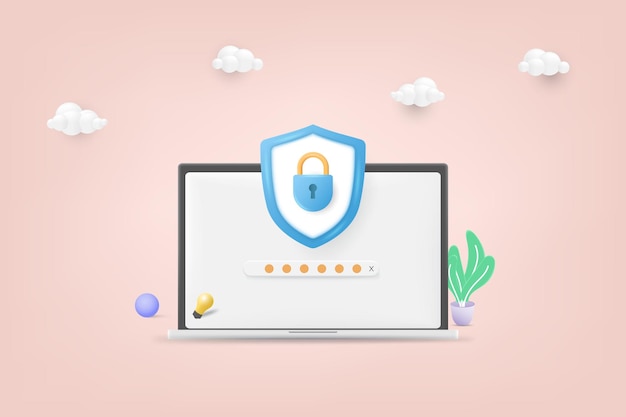 User data protection Personal data security Laptop screen with 3d shield and padlock 3D Vector Illustration